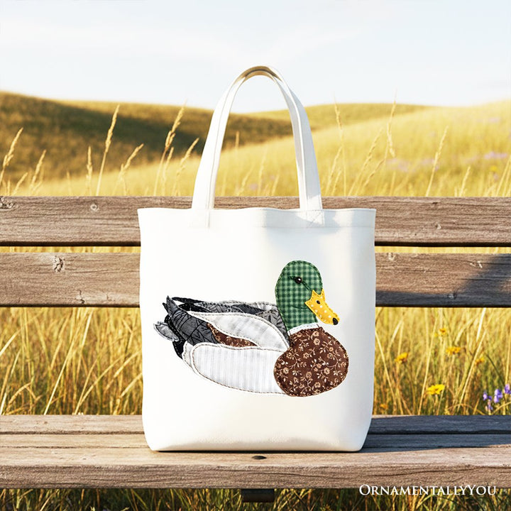 Mallard Duck Printed Faux Patchwork Tote Bag, Hunting Outdoors Gift Shopper Tote Bag OrnamentallyYou White 