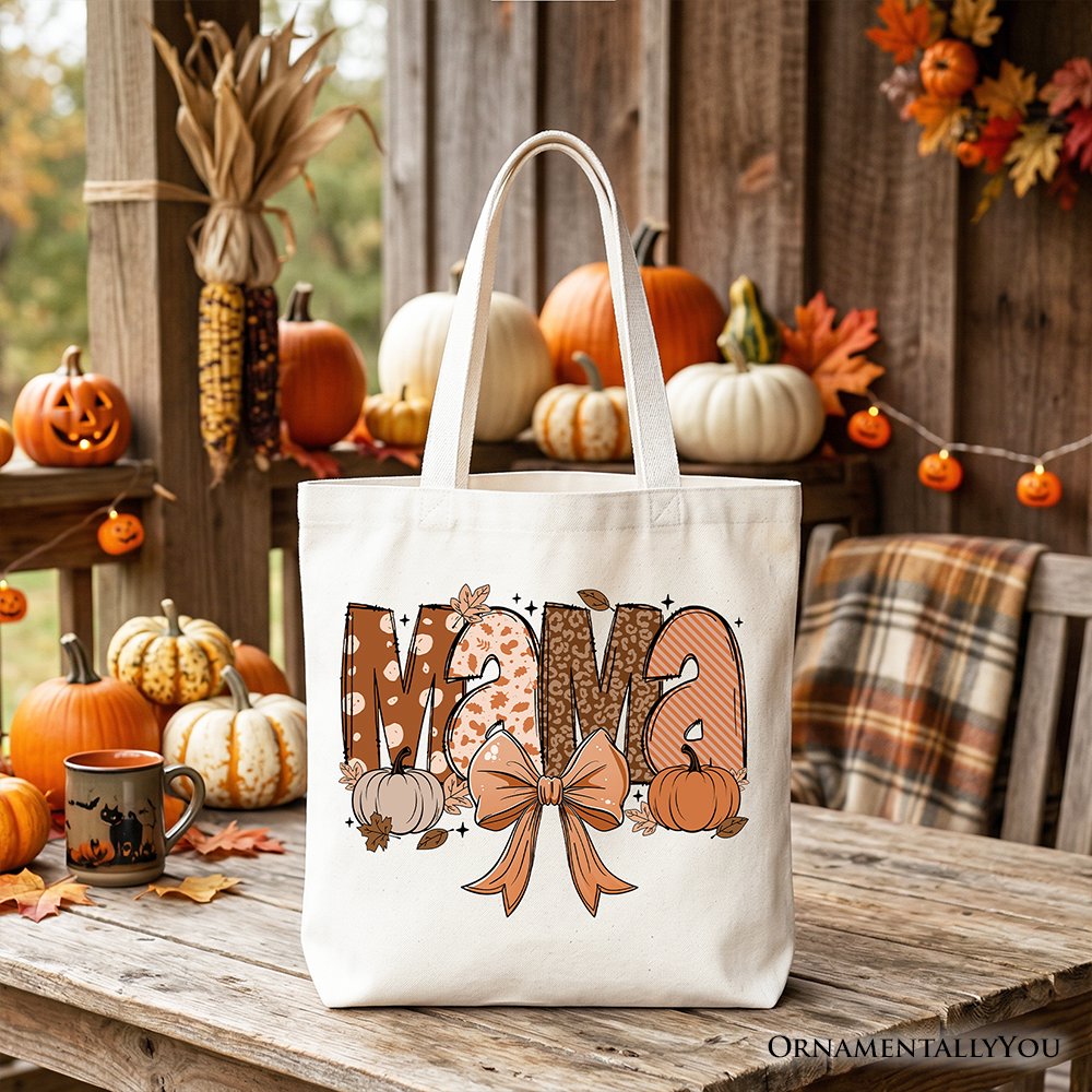 Mama Coquette Autumn Tote Bag, Cozy Fall Pumpkins for Mothers Tote Bag OrnamentallyYou White 