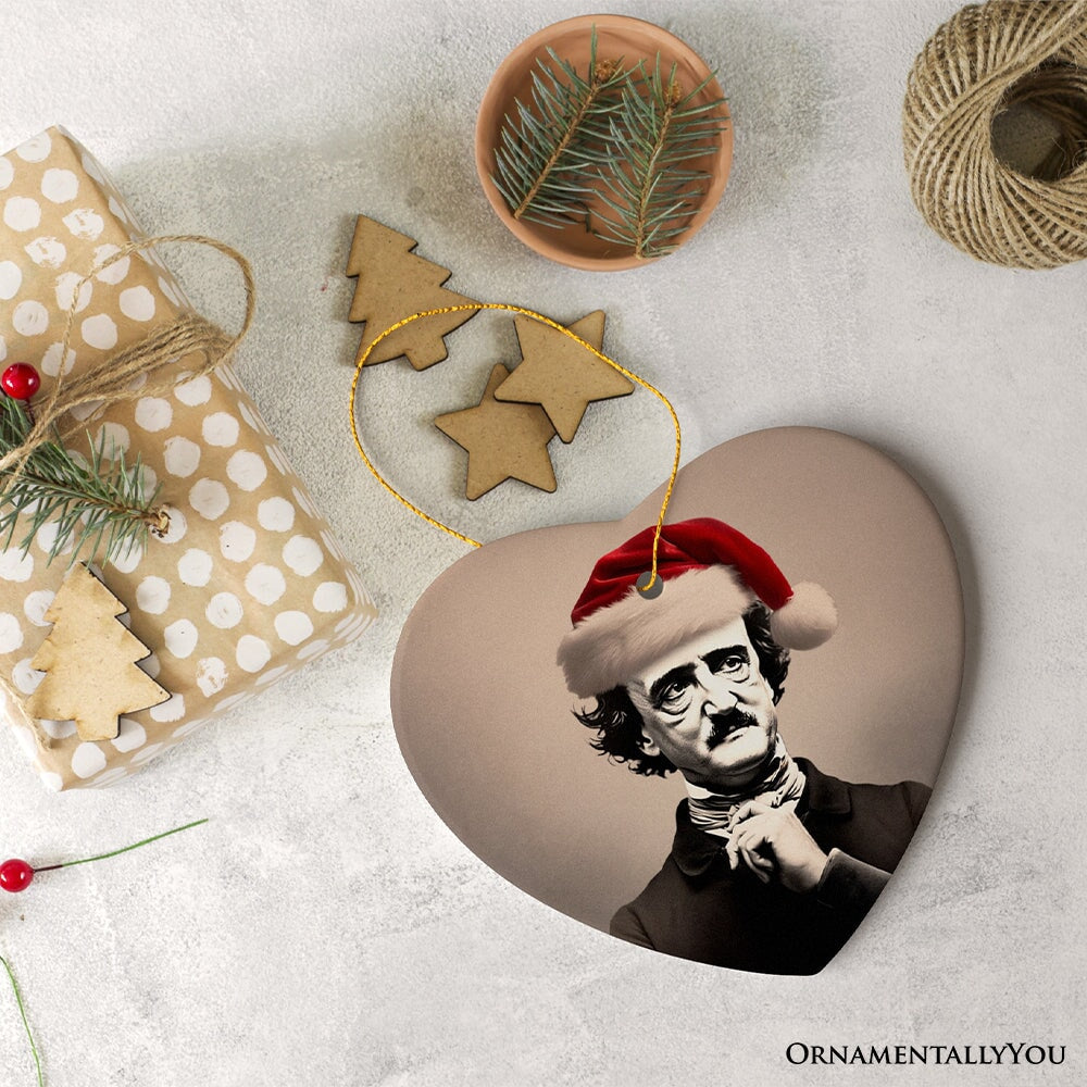 Melancholic Poet Edgar Allan Poe with Santa Hat Ornament, Eerie Christmas Gift for Literature Lovers Ceramic Ornament OrnamentallyYou 