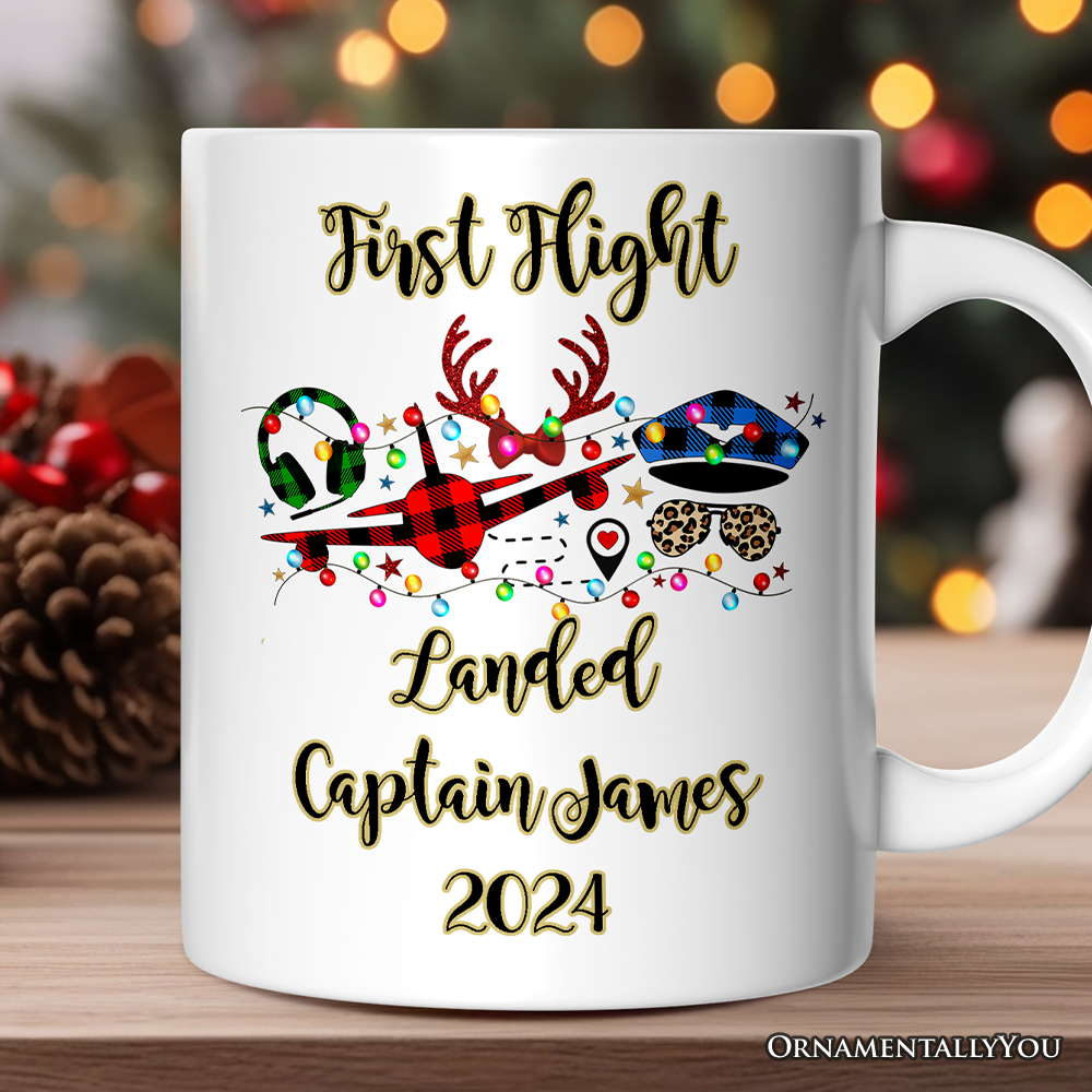 Personalized Mug Airplane Pilot Buffalo Plaid Christmas, Flight Aircraft Crew Gift Holiday Decoration