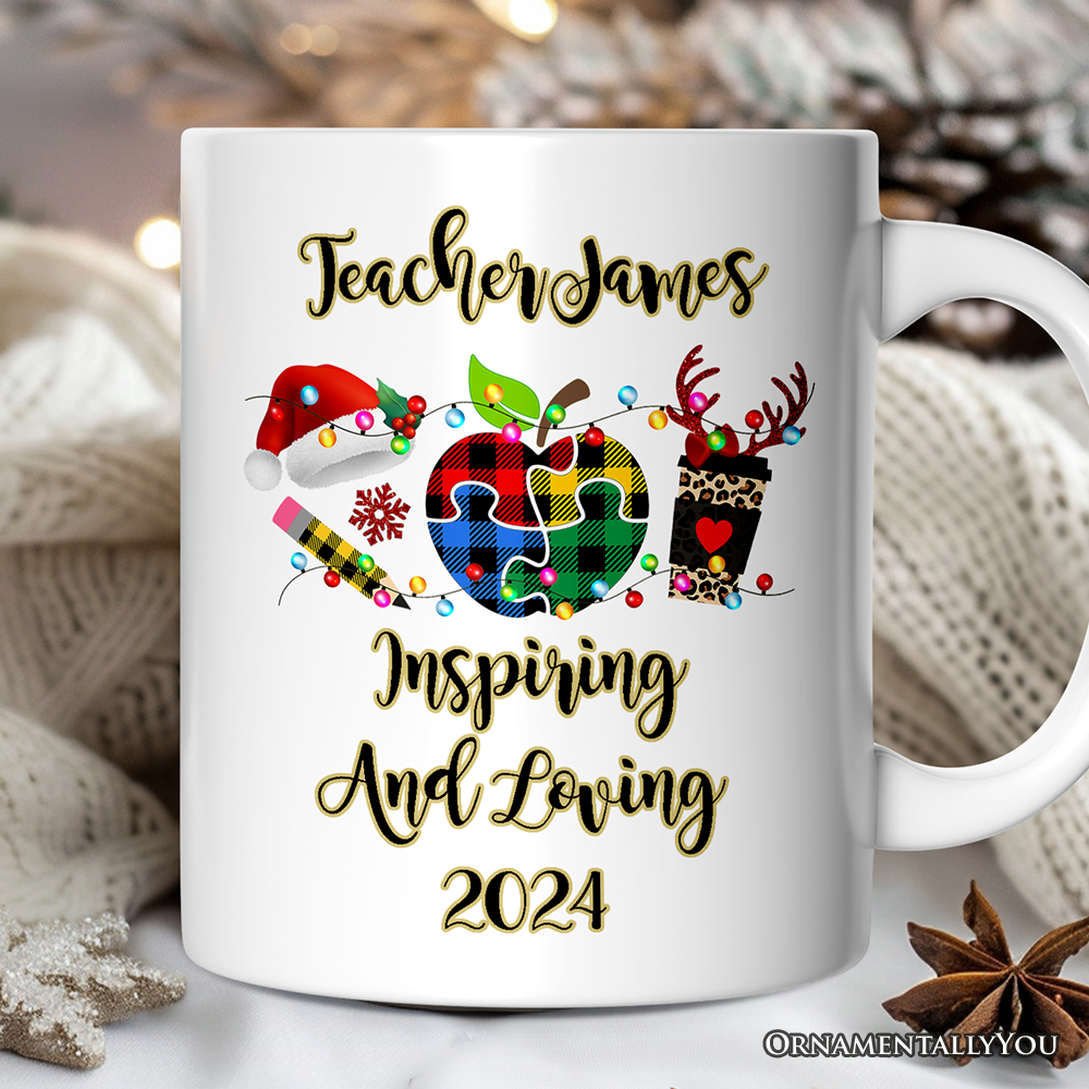 Personalized Mug Autism Teacher Buffalo Plaid Christmas, Thank You Gift