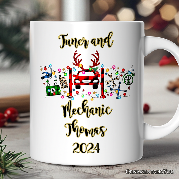 Personalized Mug Automotive Technician Plaid Christmas, Mechanic Repair and Parts Gift for Shop