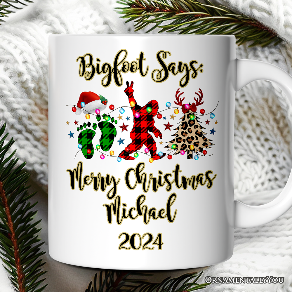 Personalized Mug Bigfoot Buffalo Plaid Christmas, Sasquatch Holiday Decoration