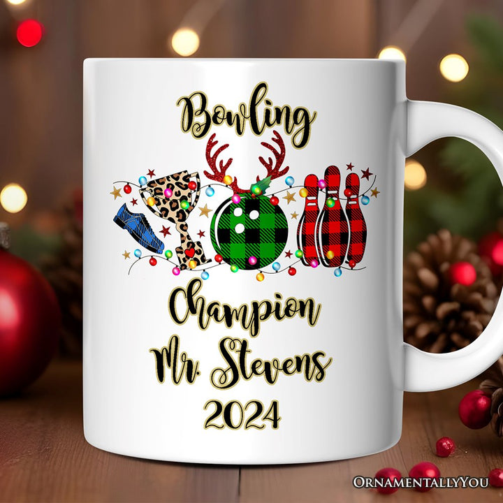 Personalized Mug Bowling Buffalo Plaid Christmas, Ball Pins and Trophy Personalized Ceramic Mug OrnamentallyYou 