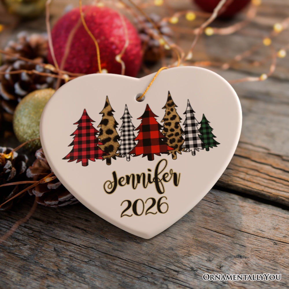 Merry Christmas Buffalo Plaid and Leopard Cheetah Trees Personalized Ornament Ceramic Ornament OrnamentallyYou Heart 
