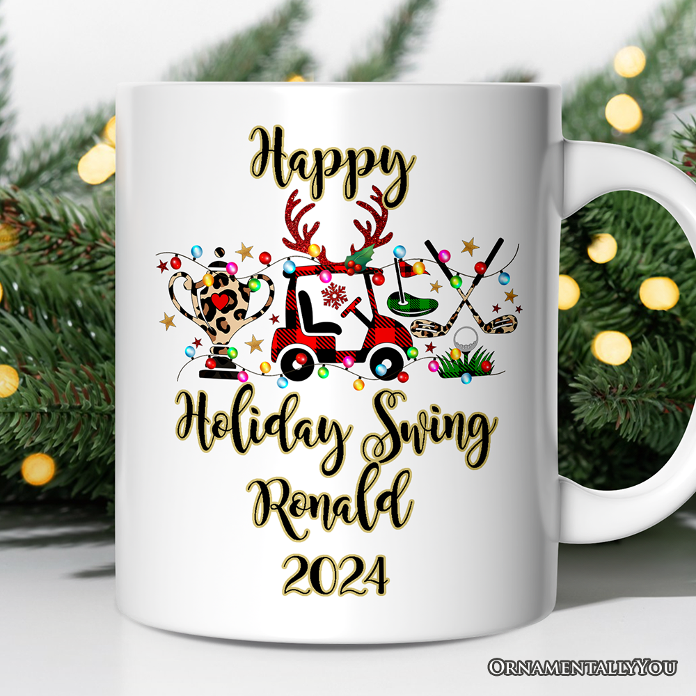 Personalized Mug Golf Buffalo Plaid Christmas, Golf Cart, Putter and Trophy Golfing Gift