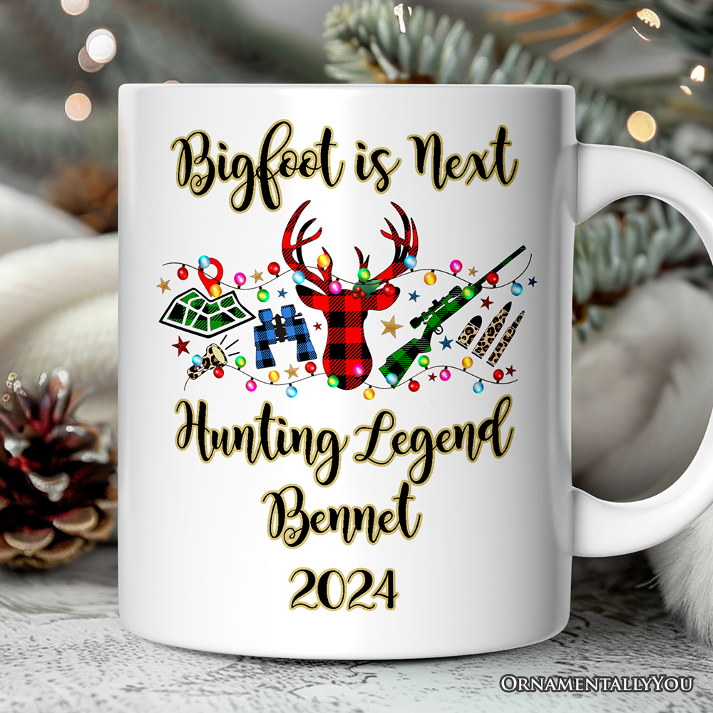 Personalized Mug Buffalo Plaid Hunting Theme Christmas, Hunter Gift, Red and Green Deer and Gun