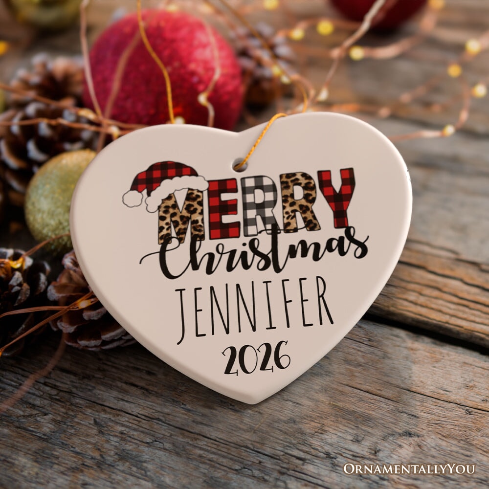 Merry Christmas Leopard Buffalo Plaid Personalized Ornament, Holiday Family Gift Ceramic Ornament OrnamentallyYou Heart 