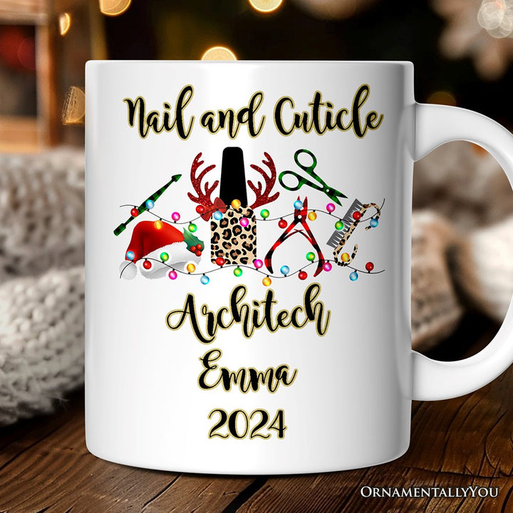 Personalized Mug Nail Tech Buffalo Plaid Christmas, Pedicure Gift Personalized Ceramic Mug OrnamentallyYou 