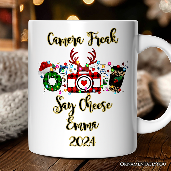 Personalized Mug Photographer Buffalo Plaid Christmas, Photography Accessories like Camera, Holiday Gift