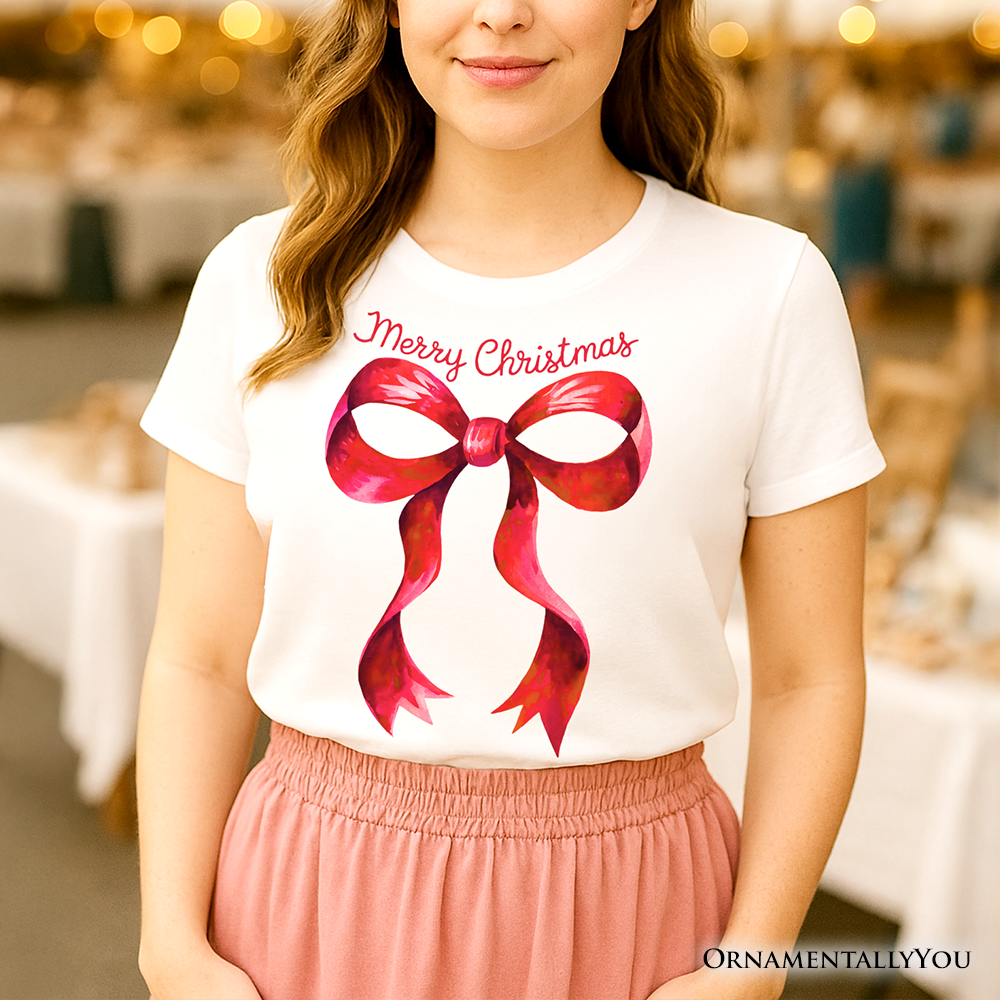 Merry Christmas Red Coquette Bow T‑Shirt, Minimalist Holiday Ribbon Tee for Festive Season