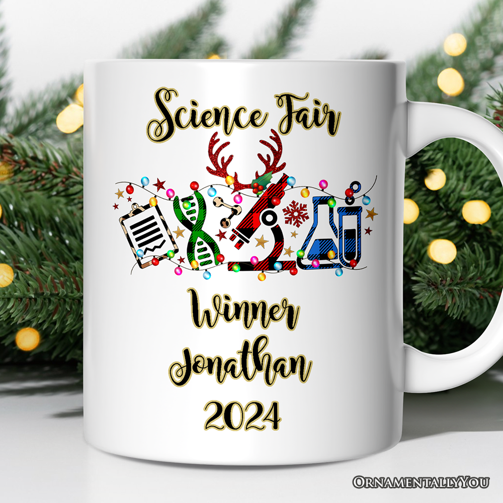 Personalized Mug Science Buffalo Plaid Christmas, Gift for Scientist or Researcher, Lab Tools like Flasks and Microscope