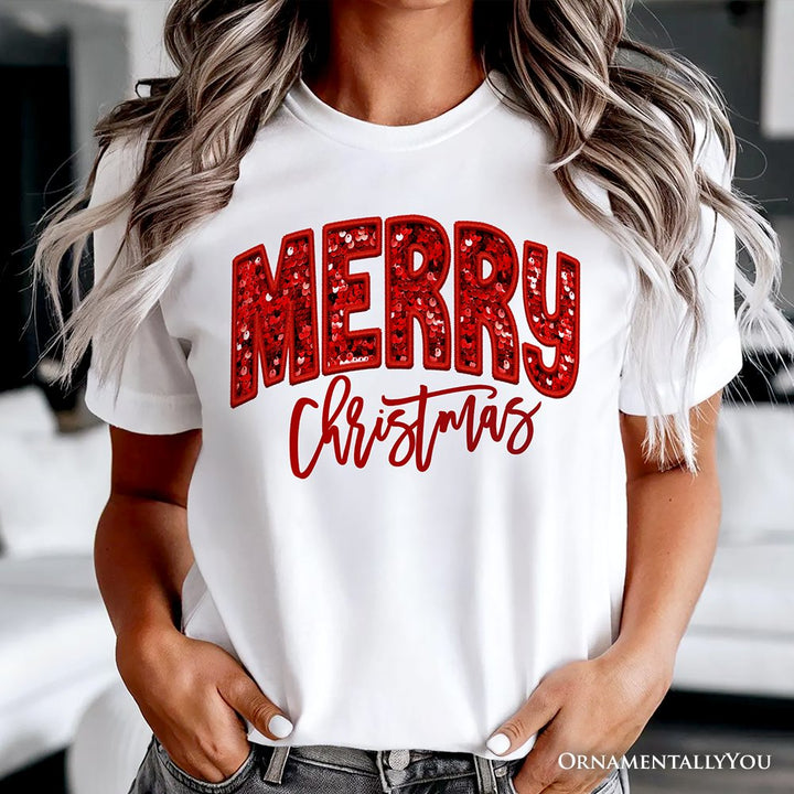 Merry Christmas Sequin T‑Shirt, Bold Red Glitter Tee for Festive Holiday Season T-Shirts OrnamentallyYou 