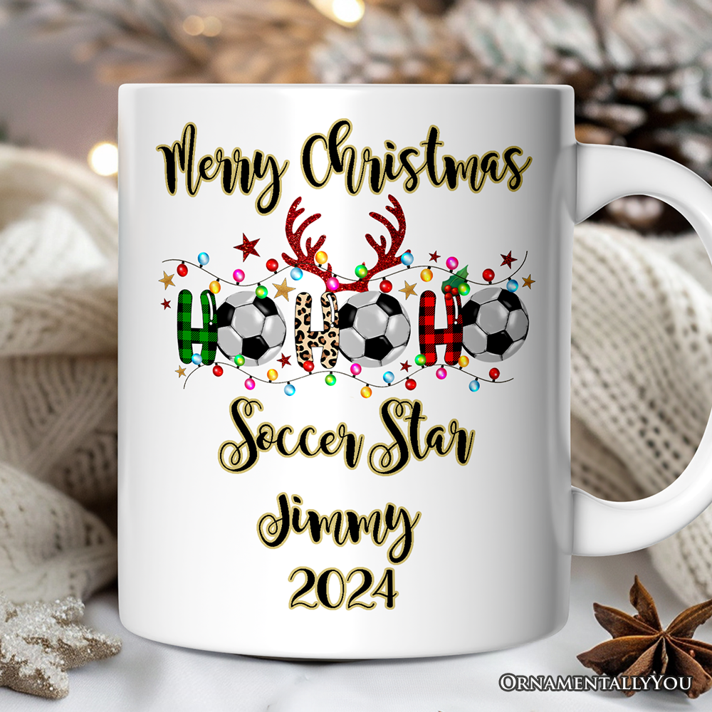 Personalized Mug Soccer Buffalo Plaid Christmas, Ho Ho Ho Football Gift