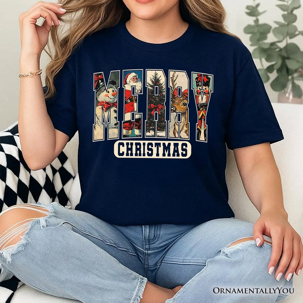 Merry Christmas Vintage T‑Shirt, Santa Tree Reindeer Snowman Nutcracker Tee T-Shirts OrnamentallyYou 