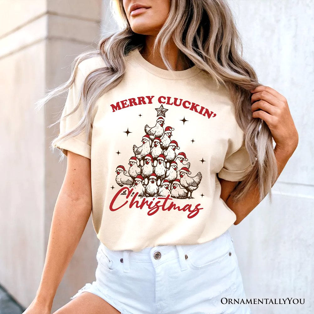Merry Cluckin' Christmas Tree T‑Shirt, Funny Santa Hat Chicken Farmhouse Tee T-Shirts OrnamentallyYou 