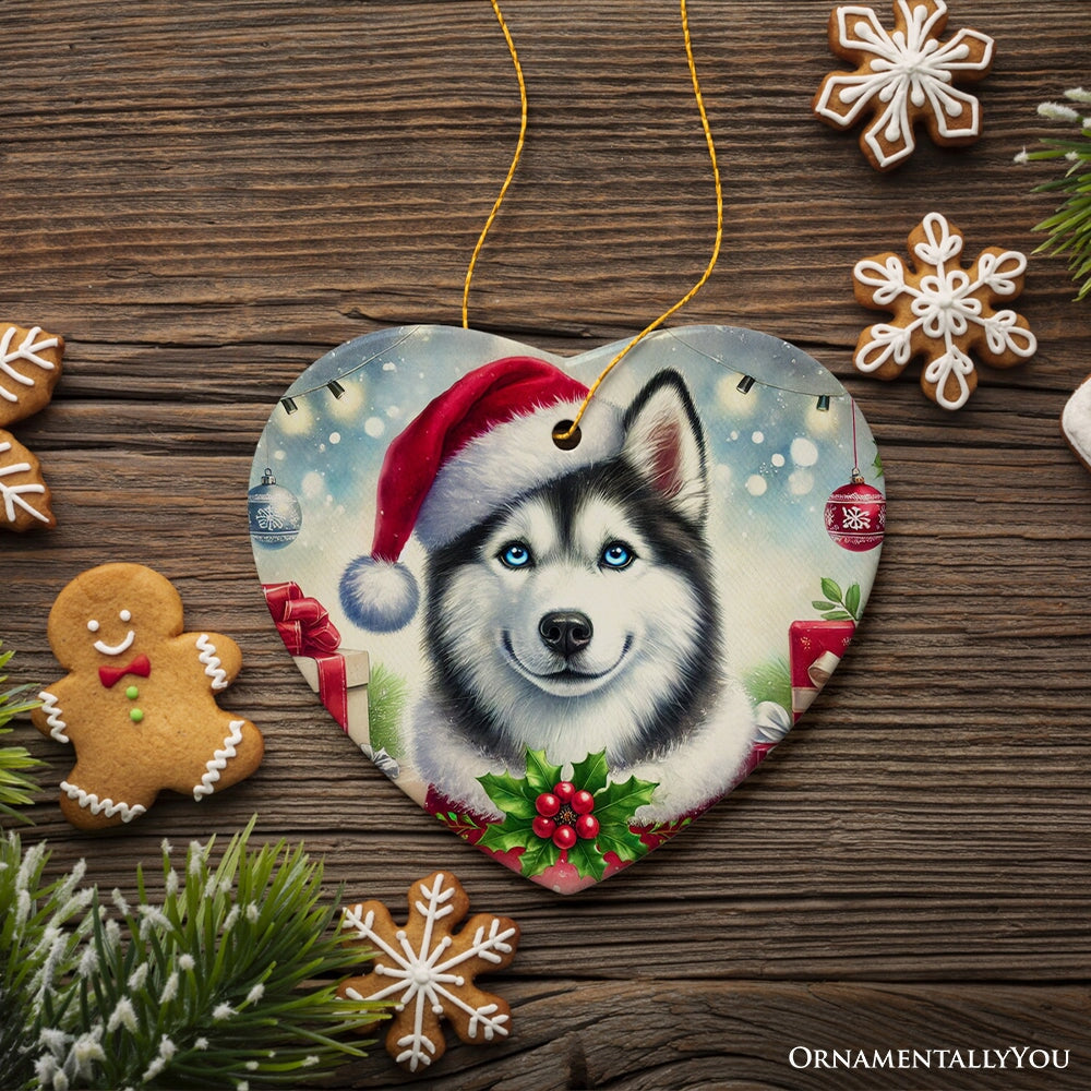 Merry Holly Berry Siberian Husky Ornament, Whimsical Christmas Tree Decor Ceramic Ornament OrnamentallyYou 