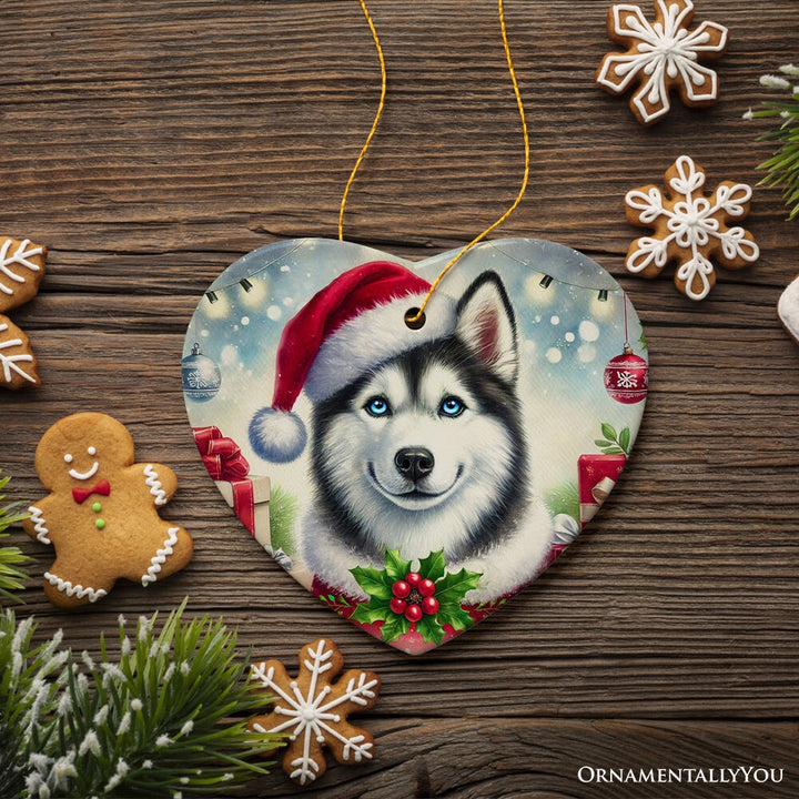 Merry Holly Berry Siberian Husky Ornament, Whimsical Christmas Tree Decor Ceramic Ornament OrnamentallyYou 
