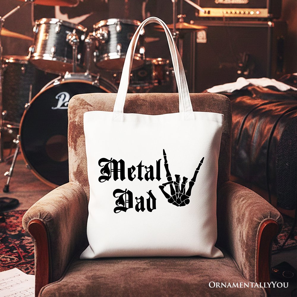 Metal Dad Skeleton Tote Bag, Rock Music Hand Sign Gift Shopper Tote Bag OrnamentallyYou White 