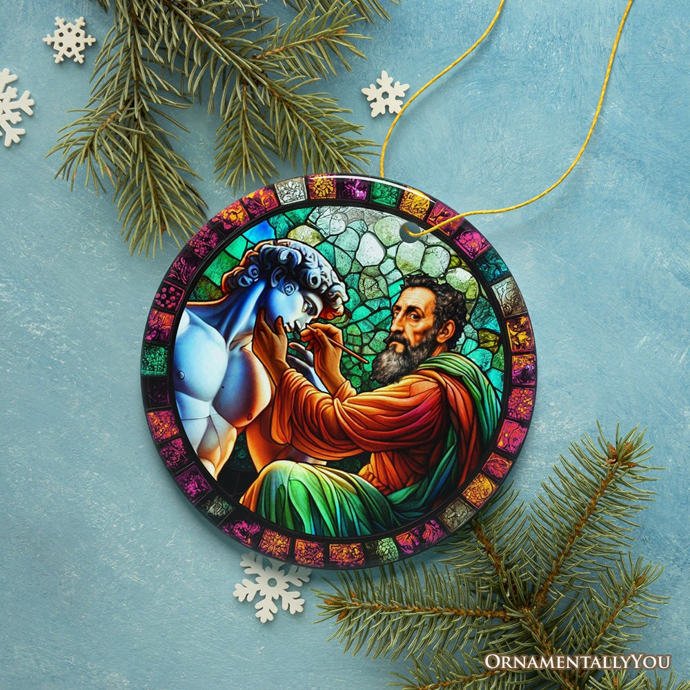Michelangelo Sculpting David in Stained Glass Themed Christmas Ornament, Renaissance Italy Gift and Decor Ceramic Ornament OrnamentallyYou 