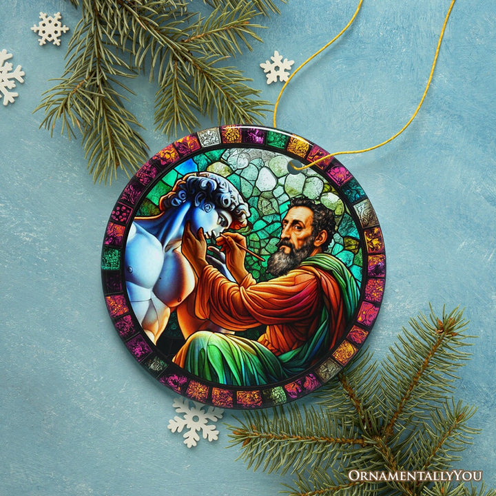 Michelangelo Sculpting David in Stained Glass Themed Christmas Ornament, Renaissance Italy Gift and Decor Ceramic Ornament OrnamentallyYou 