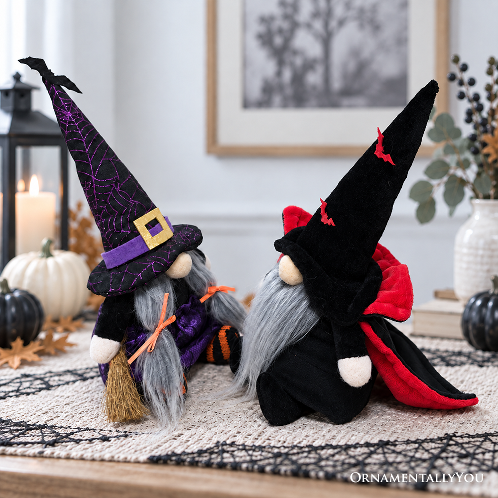 Midnight Magic Plush Gnome Set of 2, Gothic Witch and Vampire 10" Halloween Decor