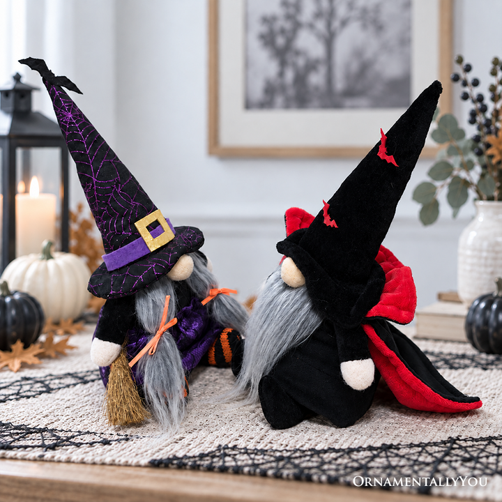 Midnight Magic Plush Gnome Set of 2, Gothic Witch and Vampire 10" Halloween Decor