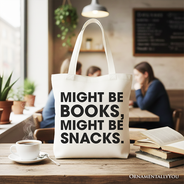 Might Be Books Might be Snacks Canvas Tote Bag, Minimalist Gift Shopper for Bookworms