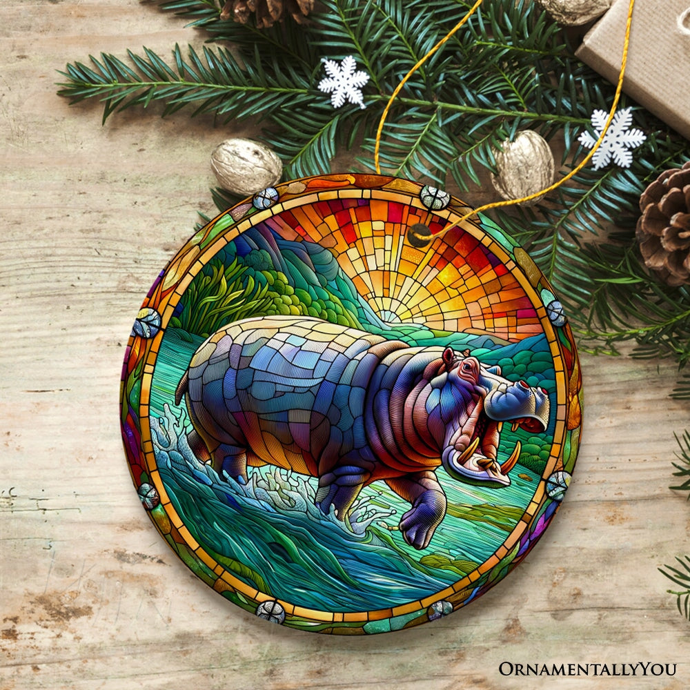 Mighty Hippopotamus Stained Glass Style Ceramic Ornament, African Animals Christmas Gift and Decor Ceramic Ornament OrnamentallyYou 