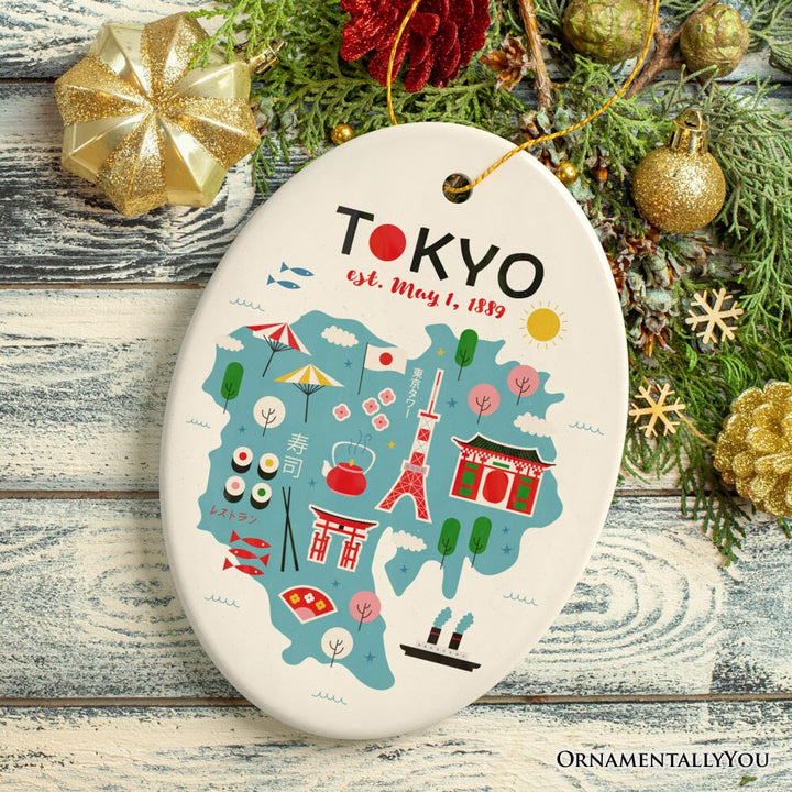 Minimalistic Elegant Tokyo Cultural Ornament, Vintage Japanese Landmarks Gift Ceramic Ornament OrnamentallyYou 