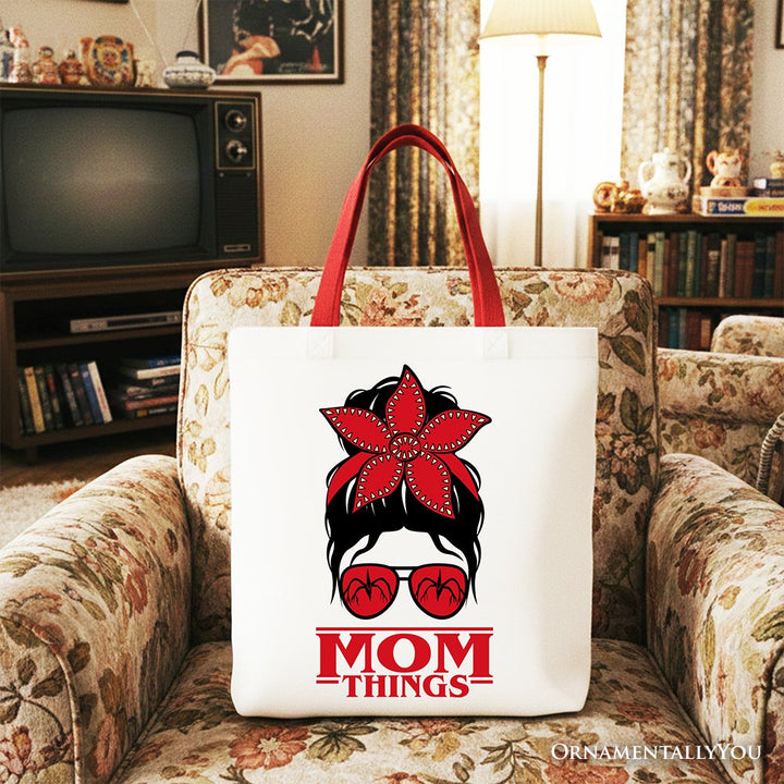 Mom Things Messy Bun Retro Canvas Tote Bag, Red Bandana Glasses Family Matching Gift Shopper Tote Bag OrnamentallyYou Red Handle 