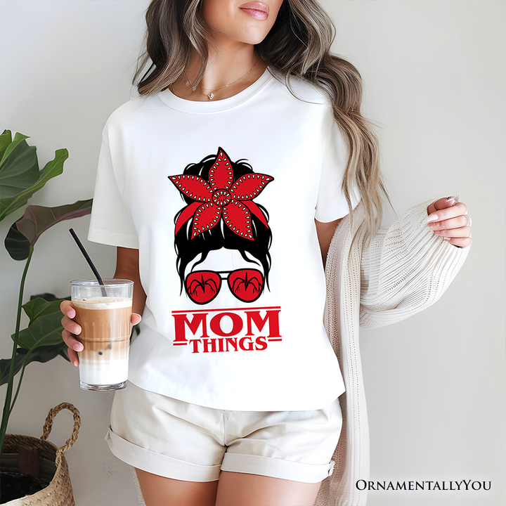 Mom Things Messy Bun Retro T-Shirt, Red Bandana Glasses Family Matching Tee