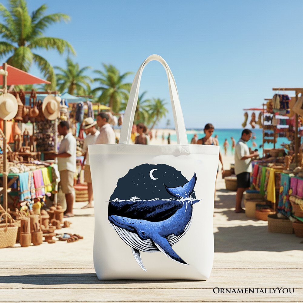 Moonlit Whale Vintage Tote Bag, Night Ocean Retro Gift Shopper Tote Bag OrnamentallyYou White 