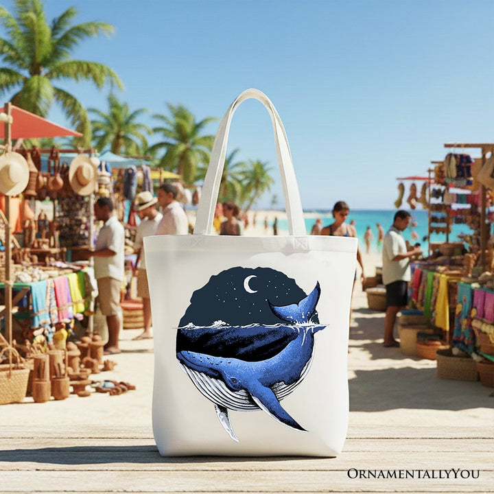 Moonlit Whale Vintage Tote Bag, Night Ocean Retro Gift Shopper Tote Bag OrnamentallyYou White 