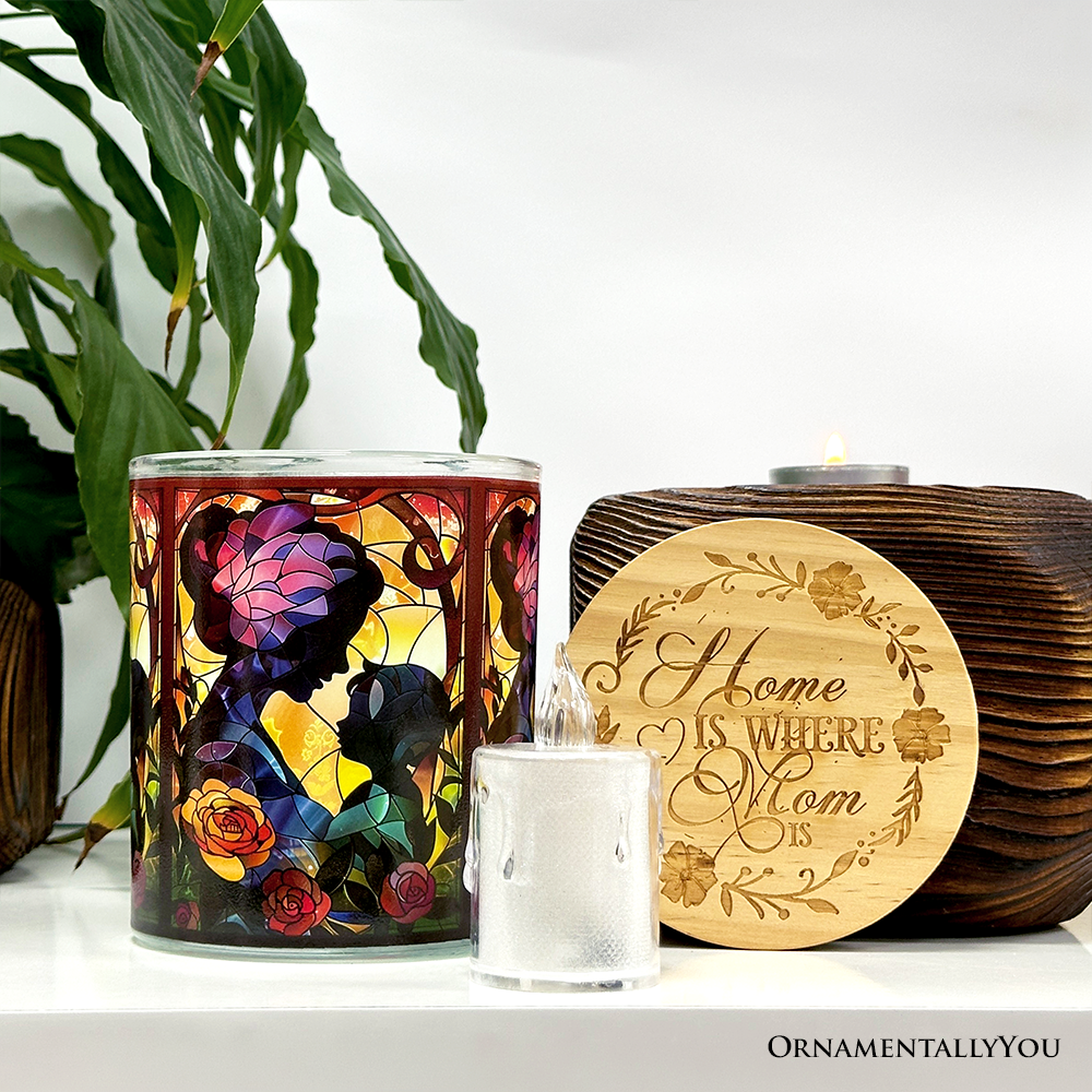 Mother and Child Faux Stained Glass LED Tea Light Candle, Charming Tabletop Decor With Soft Glow