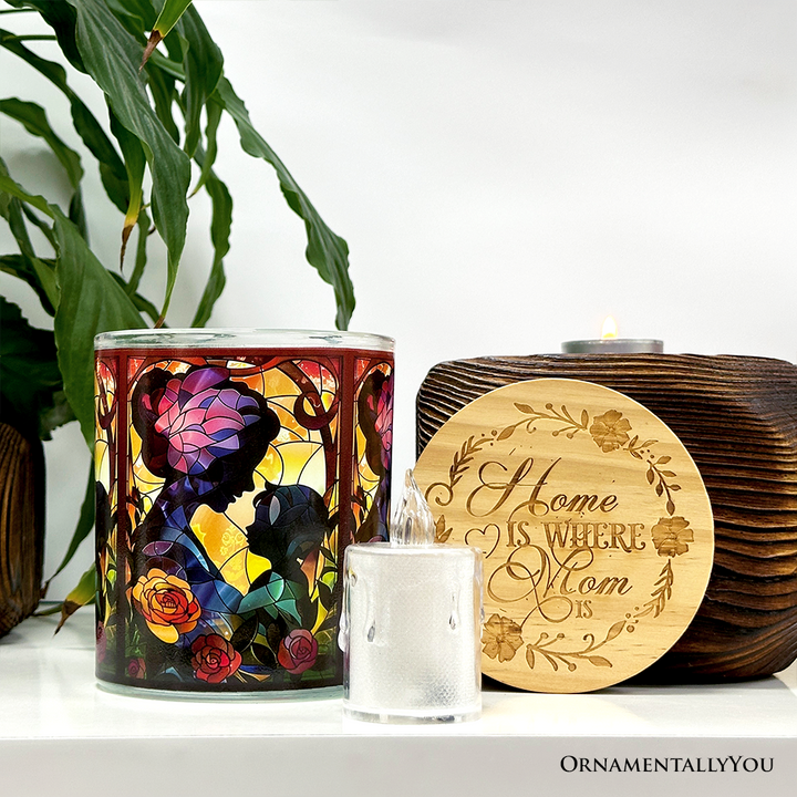 Mother and Child Faux Stained Glass LED Tea Light Candle, Charming Tabletop Decor With Soft Glow