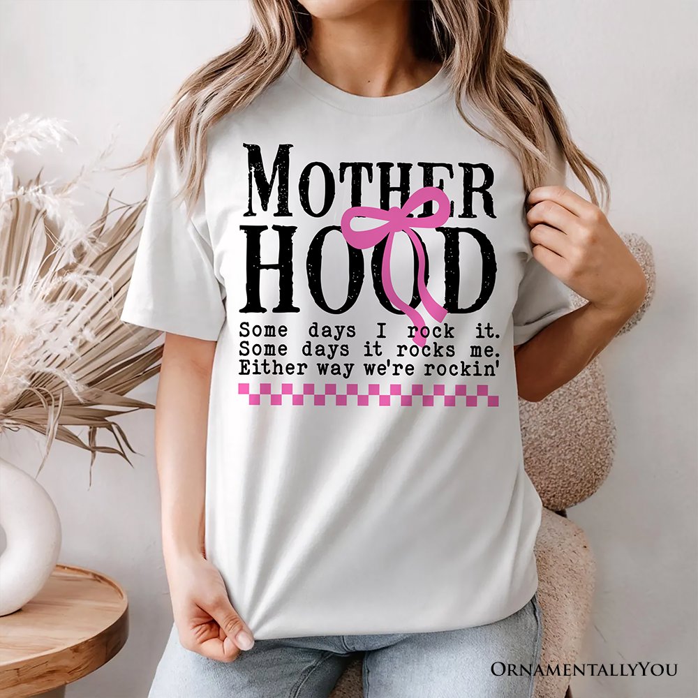 Motherhood Coquette Pink Bow T-Shirt, Retro Checkered White Tee for Sassy and Stylish Moms T-Shirts OrnamentallyYou 