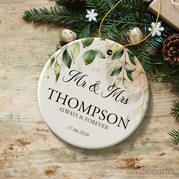 Mr and Mrs Personalized Ornament, Elegant Wedding Couples Gift Ceramic Ornament OrnamentallyYou Circle 