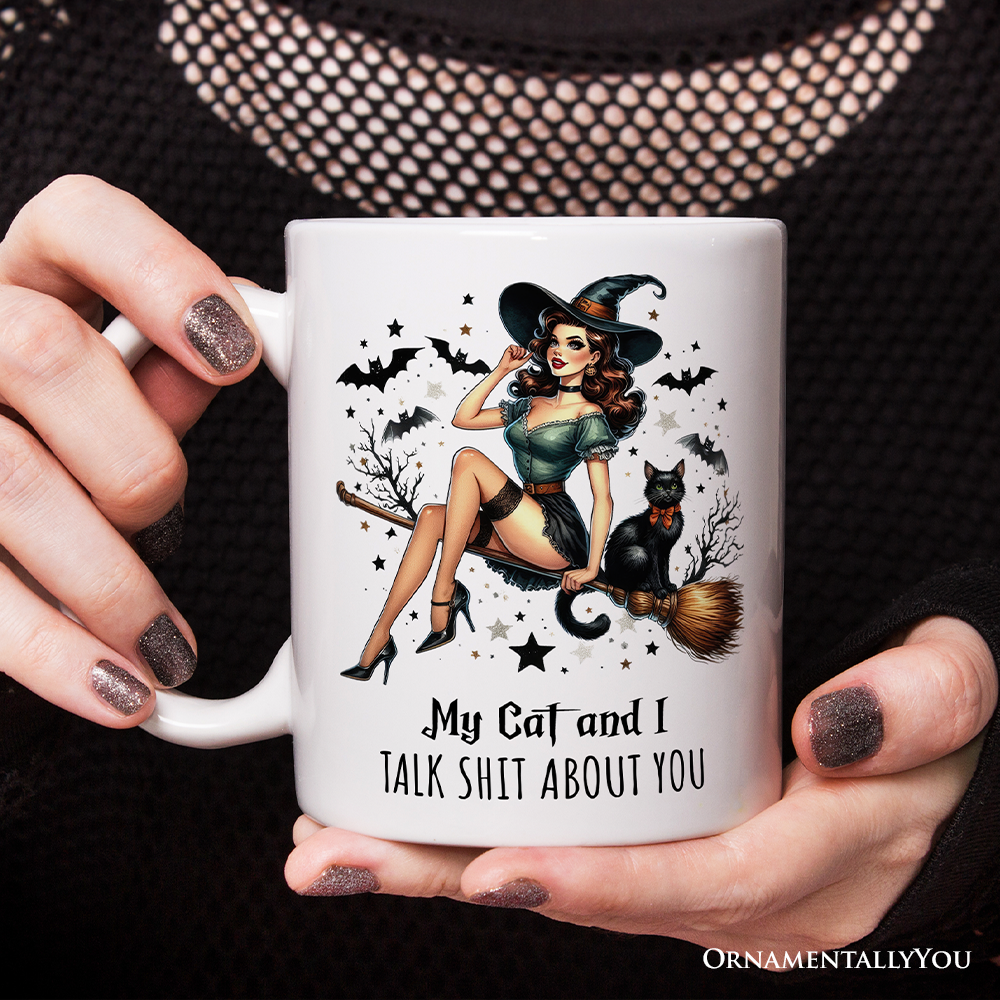 My Cat and I Talk Shit About You Personalized Halloween Mug, Retro Gift with Custom Name