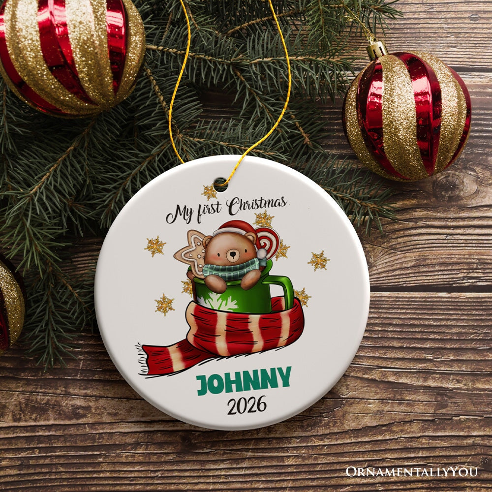 My First Christmas Cute Bear in Stocking Ornament, Custom Baby Gift Ceramic Ornament OrnamentallyYou Circle 