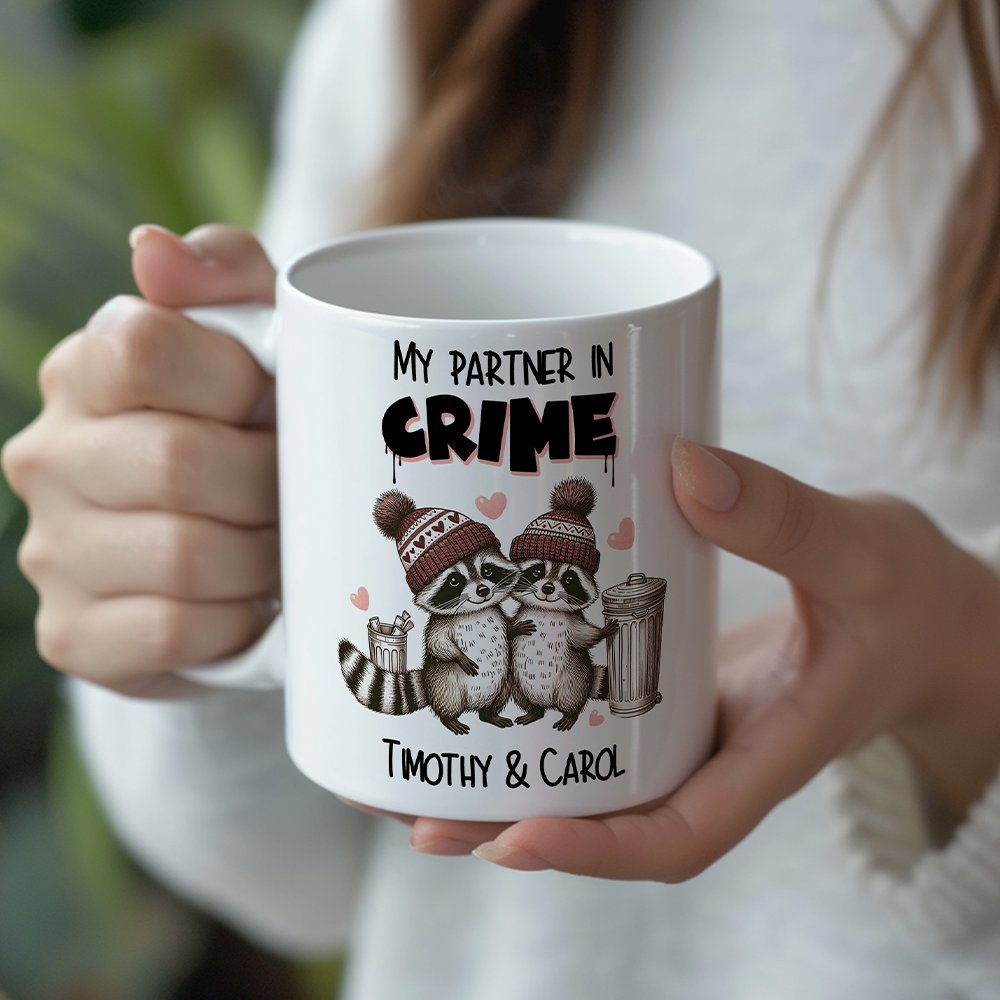 My Partner in Crime Love Racoons Personalized Mug For Couple, Funny Vintage Retro Gift With Custom Names Personalized Ceramic Mug OrnamentallyYou 