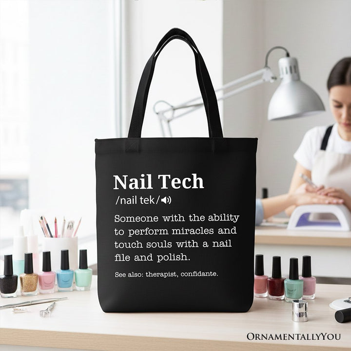 Nail Tech Definition Canvas Tote Bag, Funny Gift Shopper for Nail Hustler Tote Bag OrnamentallyYou Black 
