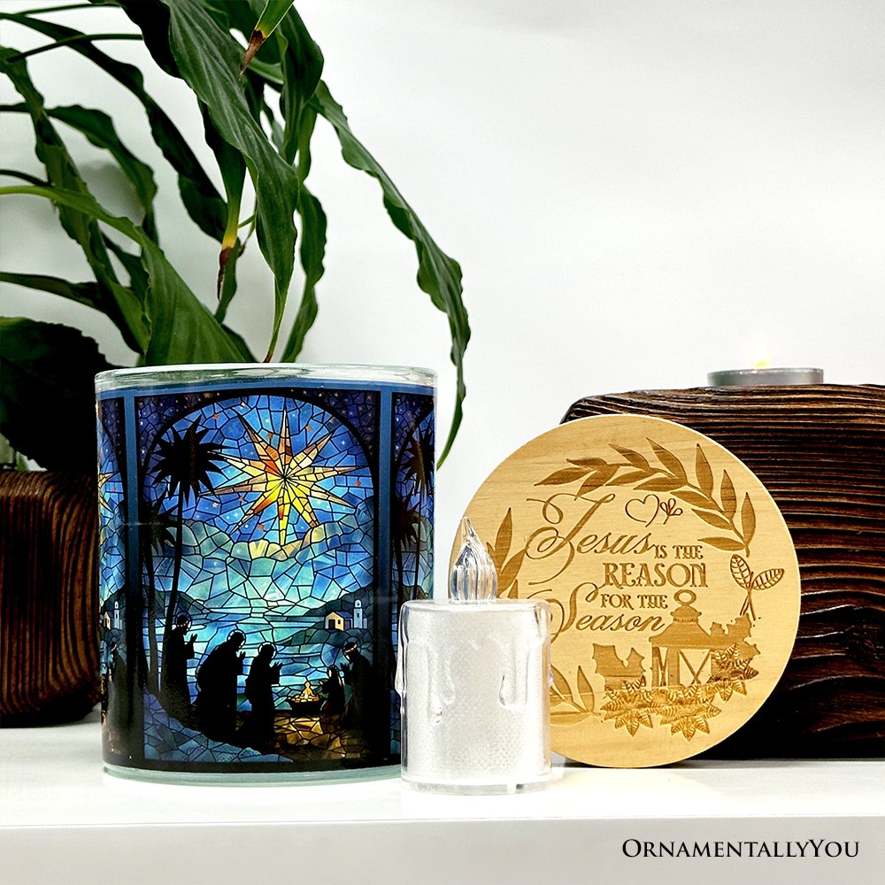 Nativity Faux Stained Glass LED Tea Light Candle, Holy Night Scene Christmas Decor With Soft Glow Candles OrnamentallyYou 