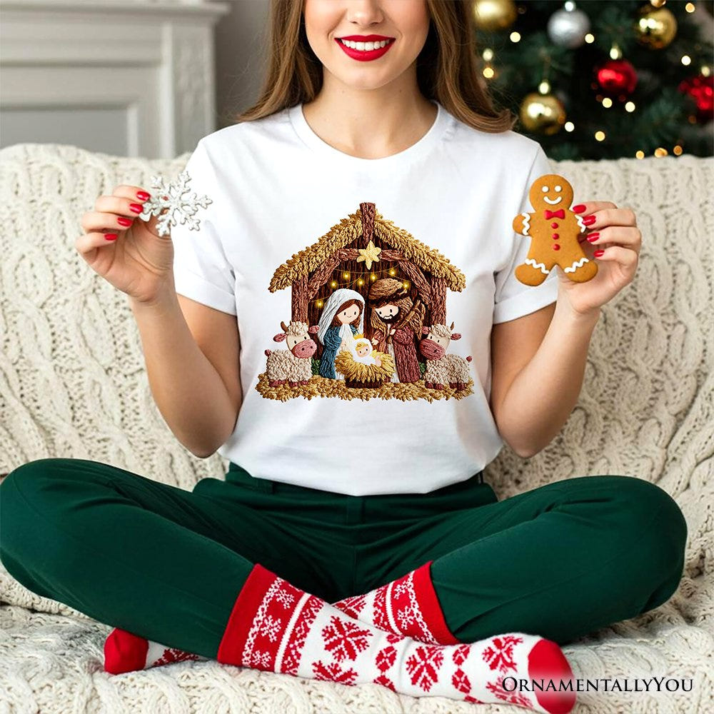 Nativity Holy Family Jesus Christmas T-Shirt, Imitation Latch Hook Yarn Cozy Christian Tee T-Shirts OrnamentallyYou 