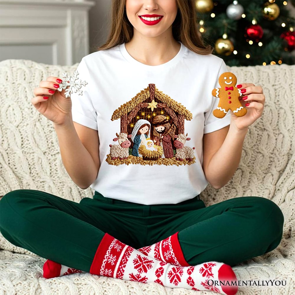 Nativity Holy Family Jesus Christmas T-Shirt, Imitation Latch Hook Yarn Cozy Christian Tee T-Shirts OrnamentallyYou 