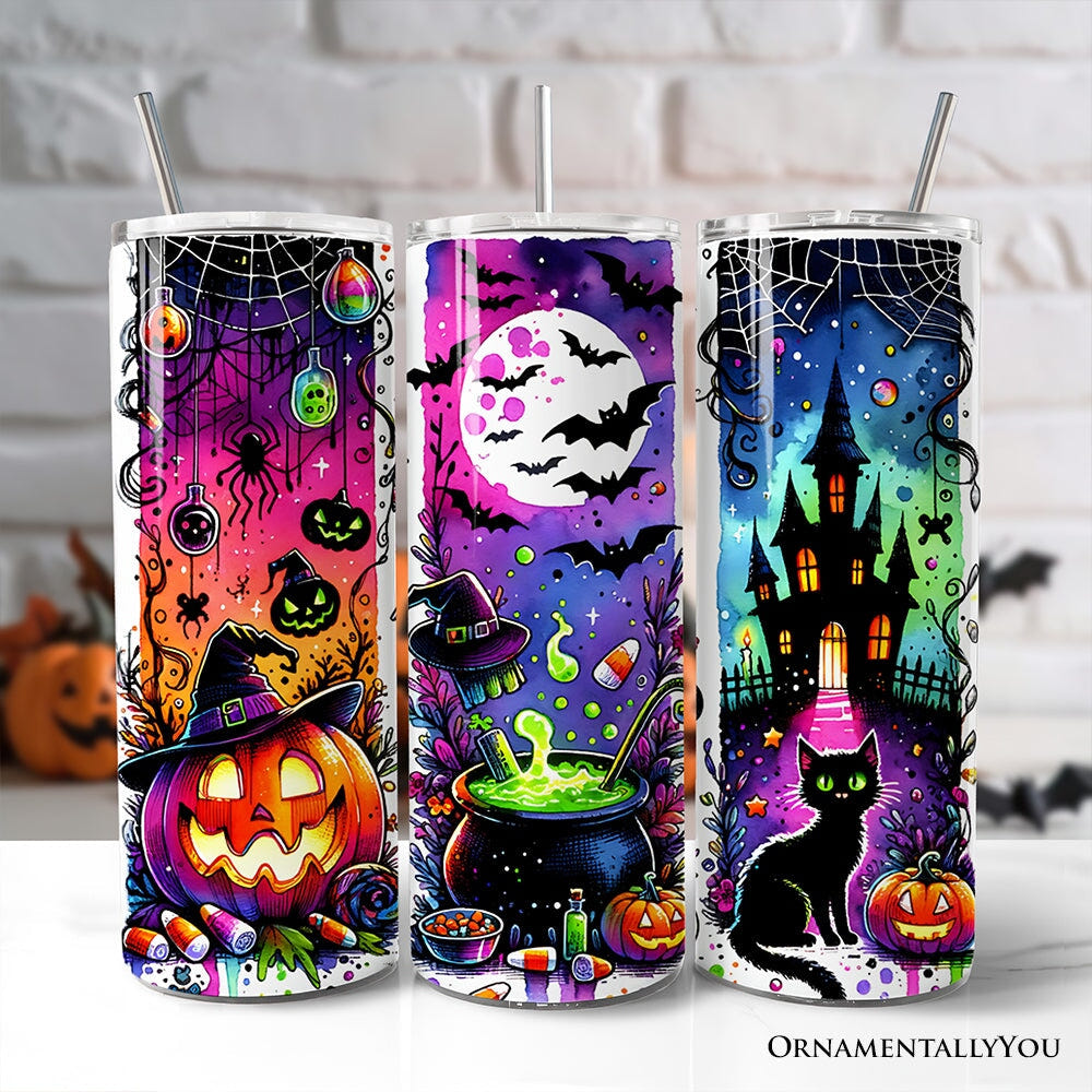 Neon Halloween Witch Scene 20oz Personalized Tumbler With Lid and Stainless Steel Straw, Colorful Spooky Gift Cup Tumbler OrnamentallyYou Non-Customized 