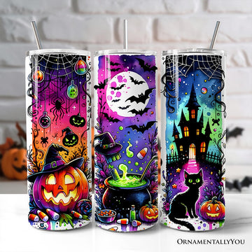 Neon Halloween Witch Scene 20oz Personalized Tumbler With Lid and Stainless Steel Straw, Colorful Spooky Gift Cup Tumbler OrnamentallyYou Non-Customized 