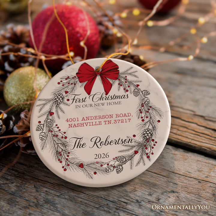 New Home Personalized Christmas Ornament, Family Gift With Custom Address and Last Name Ceramic Ornament OrnamentallyYou 