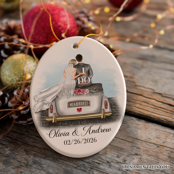 Newlywed Just Married Custom Keepsake Ornament, First Christmas as Husband and Wife Gift Ceramic Ornament OrnamentallyYou Oval 