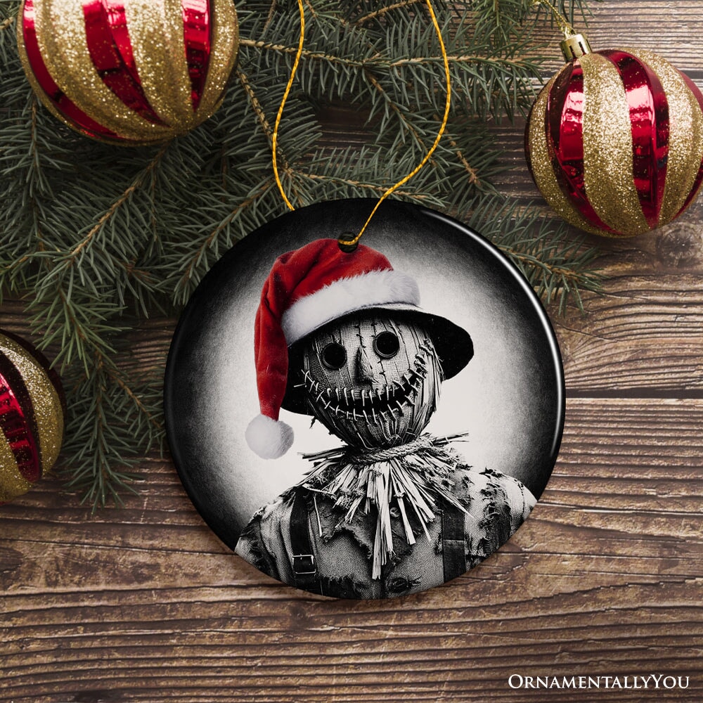 Nightmarish Scarecrow with Santa Hat Ornament, Gift For Unique Halloween Tree Christmas Decor Ceramic Ornament OrnamentallyYou 